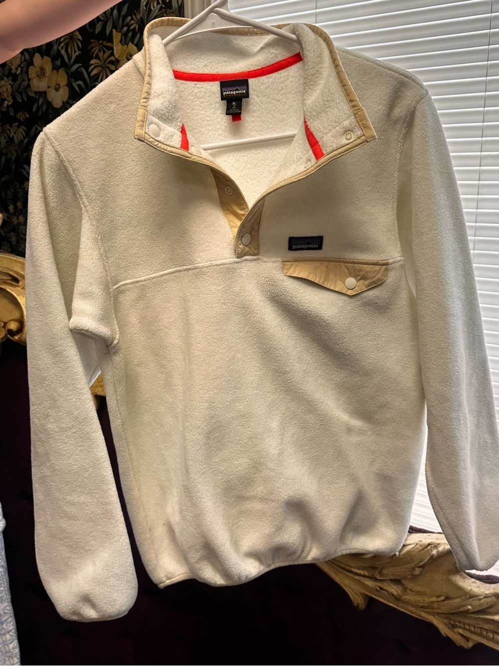 Retro rare Patagonia synchillZip-Up Fleece with Tan Trim and coral Collar Accent